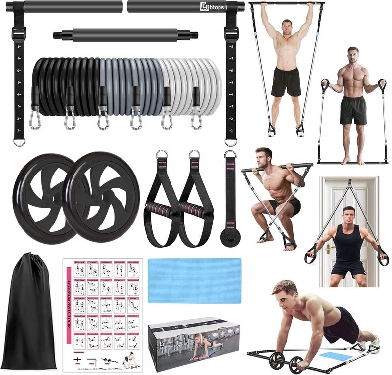 Bbtops Pilates Bar Kit with Resistance Bands,Ab Roller,2 in 1 Foot Strap & Handle,Door Anchor Pilates Equipment with Resistance Bands, Portable Home Gym Yoga Fitness Bar for Women & Men - Image 1